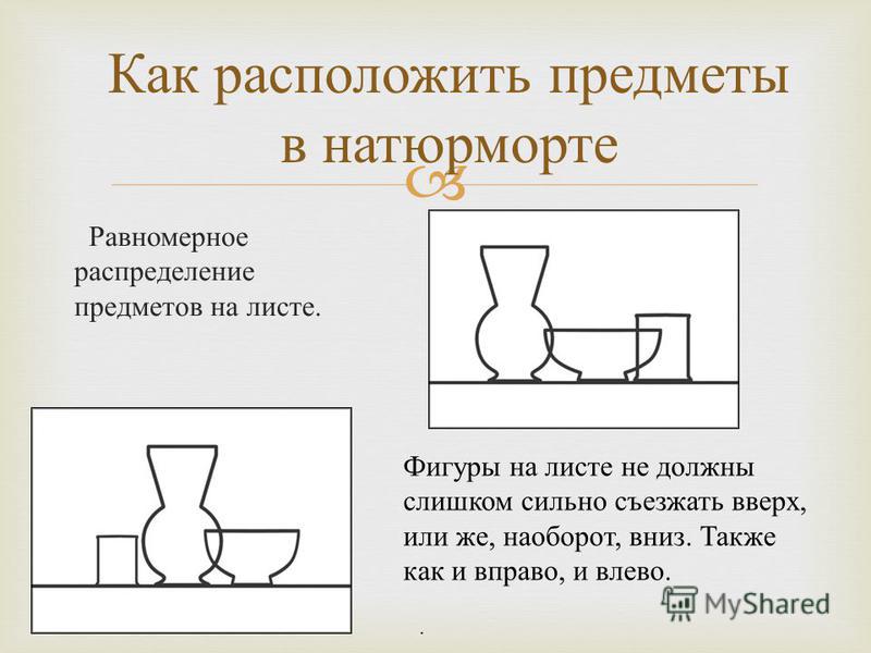 Выбрать правильное изображение а а. Компоновка предметов в натюрморте. Композиционное расположение предметов в натюрморте. Композиционные схемы натюрморта. Правильная компоновка натюрморта на листе.