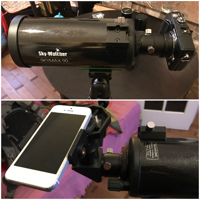 Diptych photo of a DSLR and iPhone with a telescope mount for moon photography