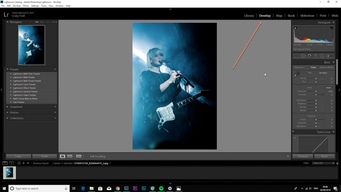 Screenshop of the develp module on Lightroom for photo retouching