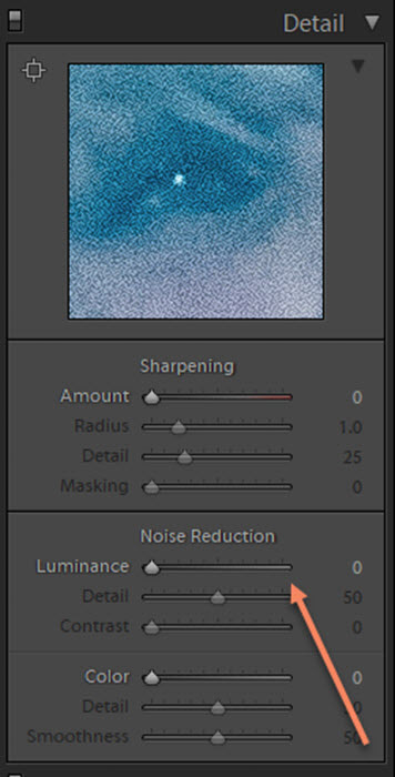 Screenshop of the noise reduction setting on Lightroom for photo retouching