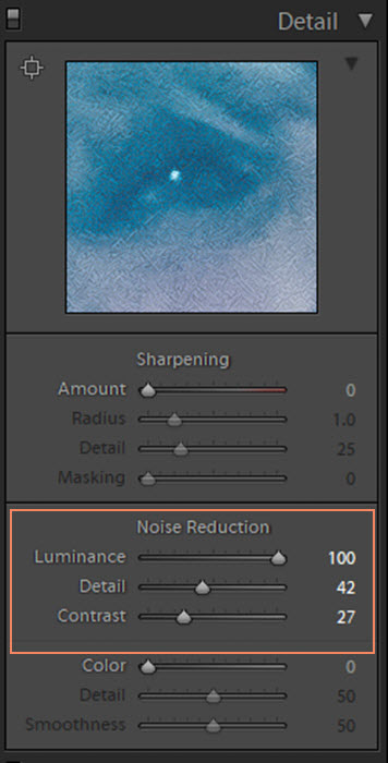 Screenshop of the noise reduction setting on Lightroom for photo retouching