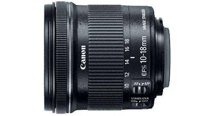 Canon EF-S 10-18mm f/4.5-5.6 IS lens on white background