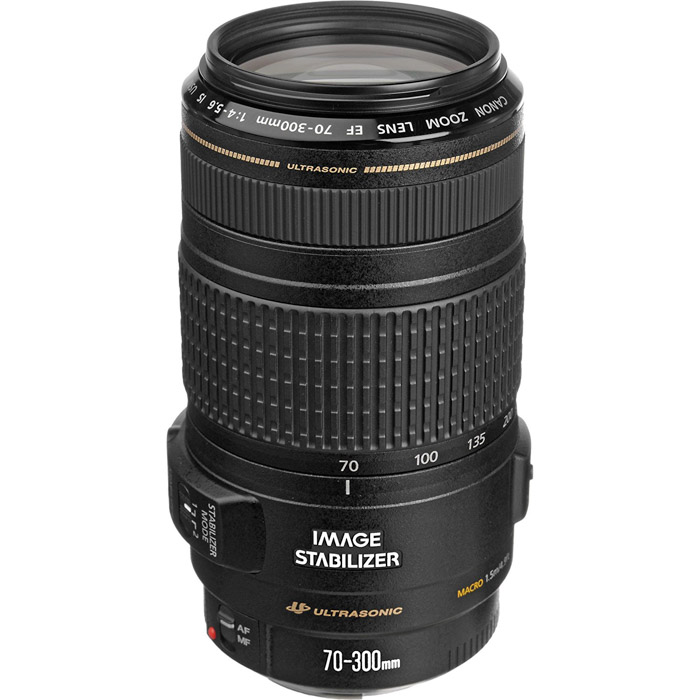 The Canon EF 70-300mm f/4-5.6 IS USM lens on white background