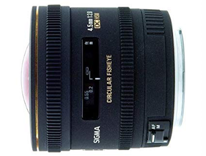 Sigma 4.5/2.8 EX DC Circular Fisheye lens on white background