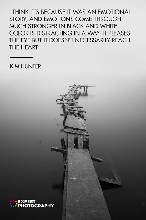 A photo of a broken pier overlayed with black and white quotes from Kim Hunter