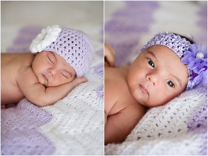two photos of a newborn baby wearing a lavender headband, sleeping on a lavender and white blanket 