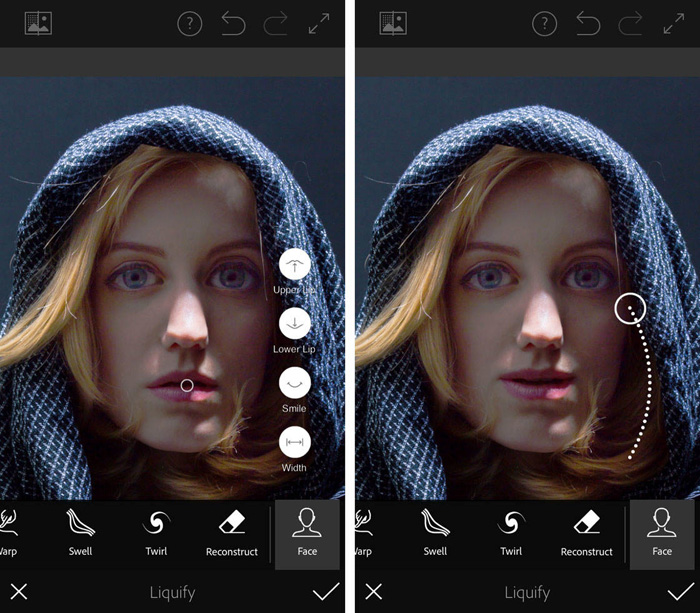 A screenshot from the Photoshop Fix photo retouching app interface