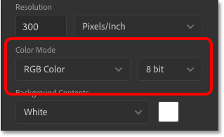 The Color Mode and Bit Depth options in the New Document dialog box.
