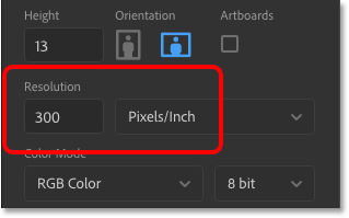 Setting the Resolution value for the new Photoshop document