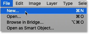 Selecting the New command from the File menu in Photoshop