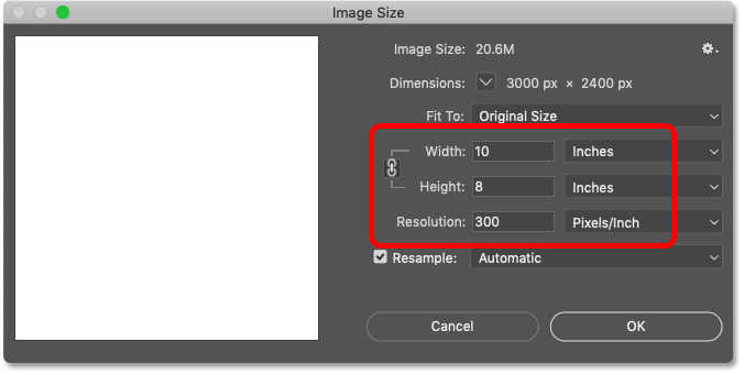 The Image Size dialog box in Photoshop.