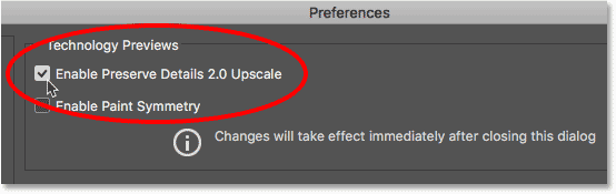 The Enable Preserve Details 2.0 Upscale upscale in the Photoshop Preferences