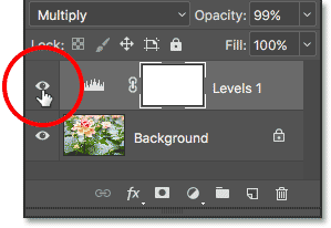 Clicking the visibility icon for the Levels adjustment layer. 