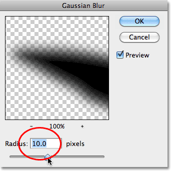 Setting the Radius value to 10 pixels in the Gaussian Blur dialog box.