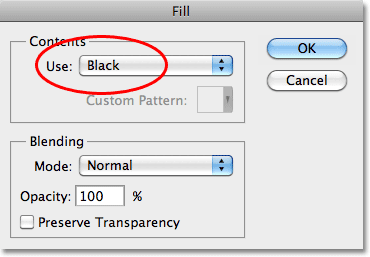 Setting the Use option to Black in the Fill dialog box.