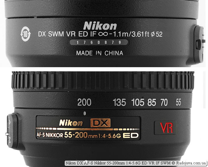 Обозначения объектива Nikon DX AF-S Nikkor 55-200mm 1:4-5.6G ED VR IF SWM
