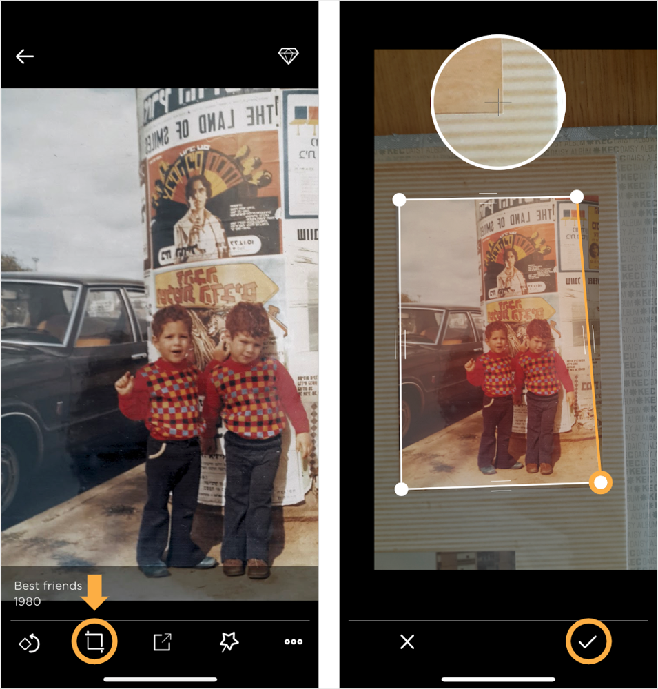 Left: tap the crop icon to edit its cropping. Right: manually adjusting crop boundaries. Drag the boundary lines with your finger to adjust the cropping edges.